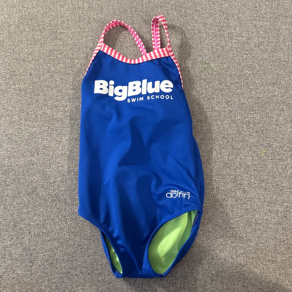 5/$15- Kids' Blue Logo One-Piece Swimsuit with Pink Trim